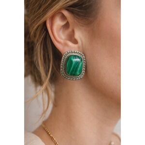 Vintage Malachite 925 Sterling Silver Earrings Mexico ATI Statement Green‎